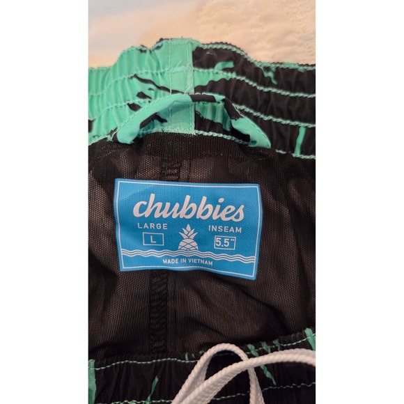 Chubbies Mens Teal Black Palm Tree Split Swim Trunks 5.5 Inch Inseam Large - Picture 2 of 8